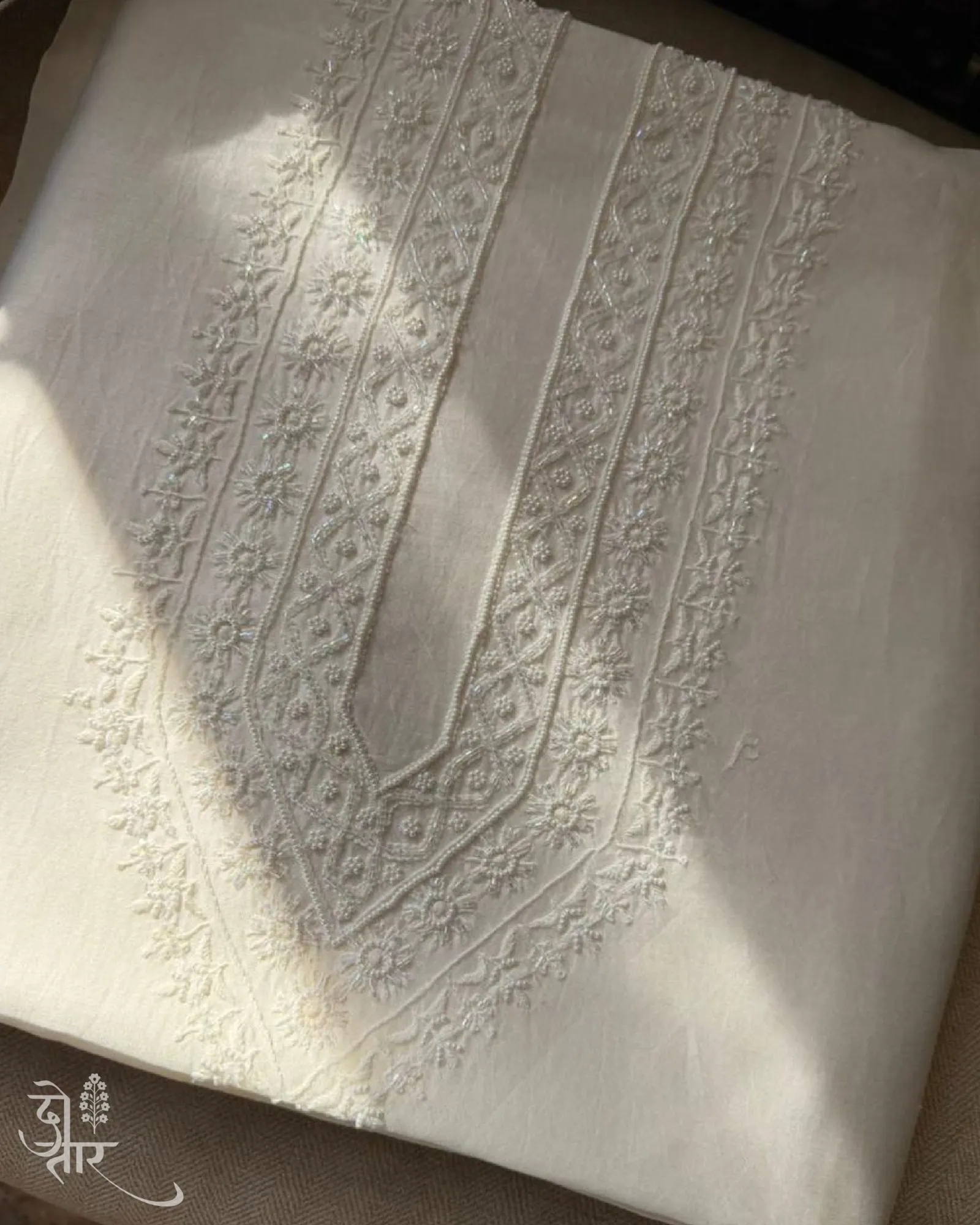 Chikankari detail, Do Taar, handcrafted fashion branding by Blue Owl Design Studio, Hyderabad