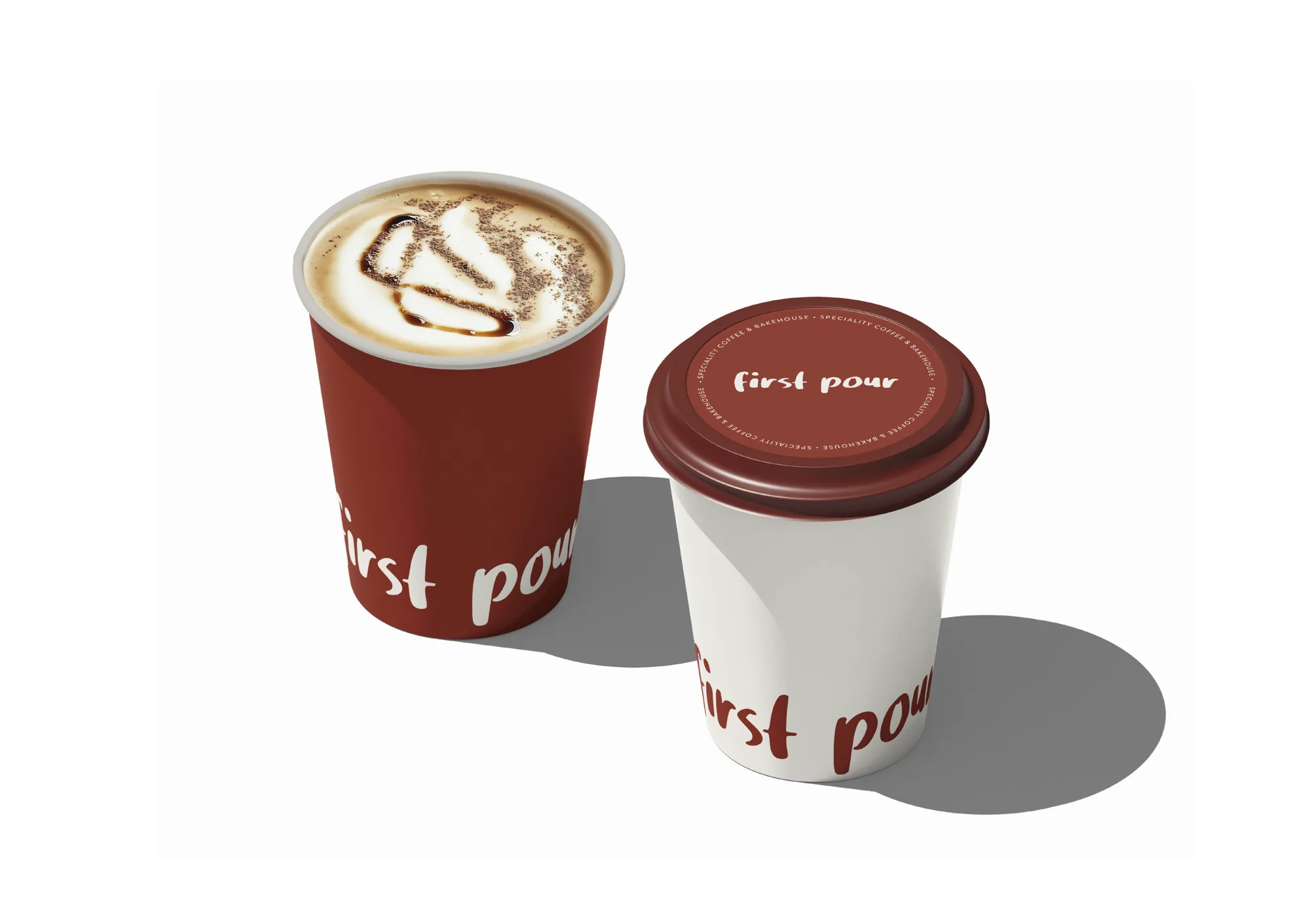 Takeaway cups, First Pour, café & bakehouse branding by Blue Owl Design Studio, Hyderabad