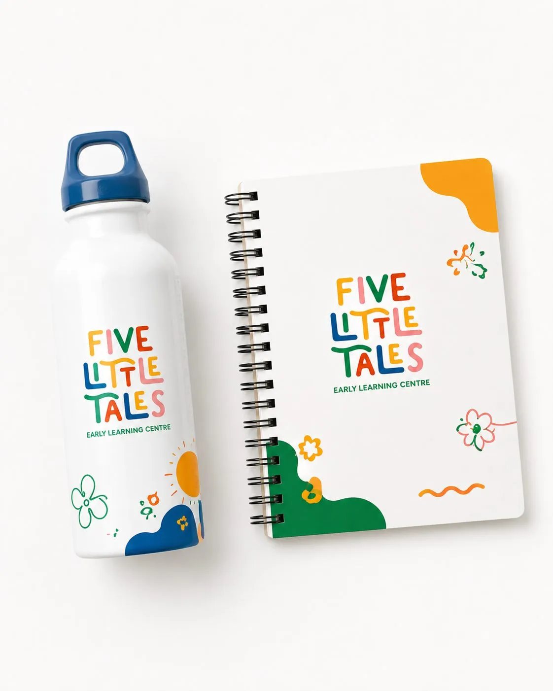 Bottle & notebook, Five Little Tales, early education branding by Blue Owl Design Studio, Hyderabad