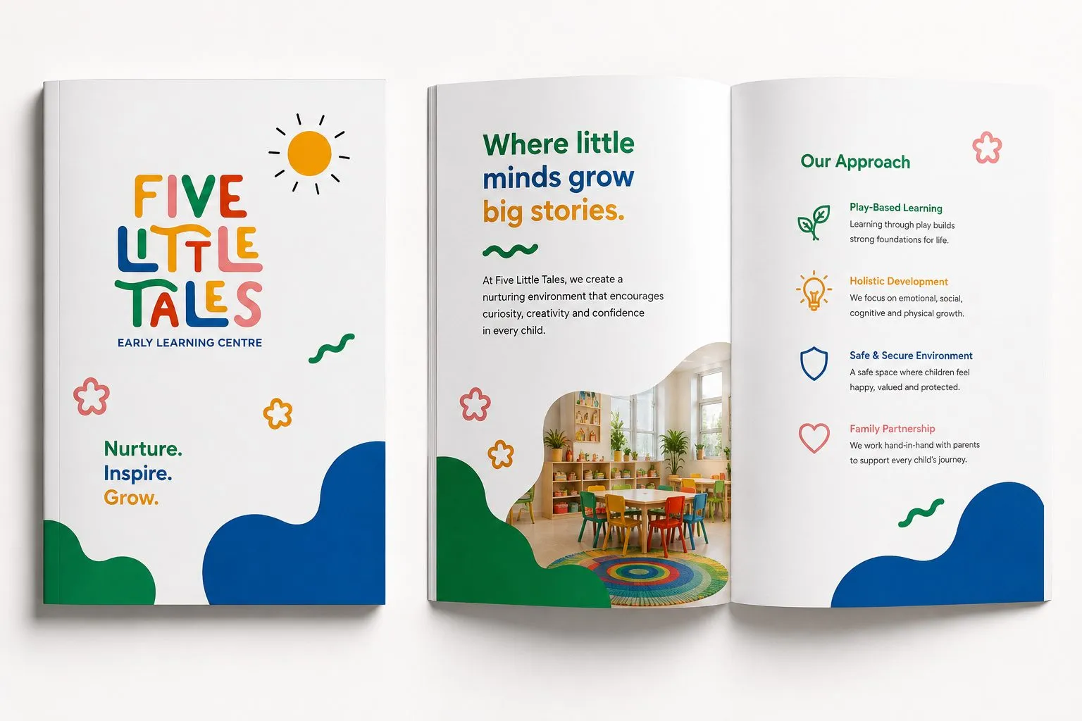Brochure, Five Little Tales, early education branding by Blue Owl Design Studio, Hyderabad