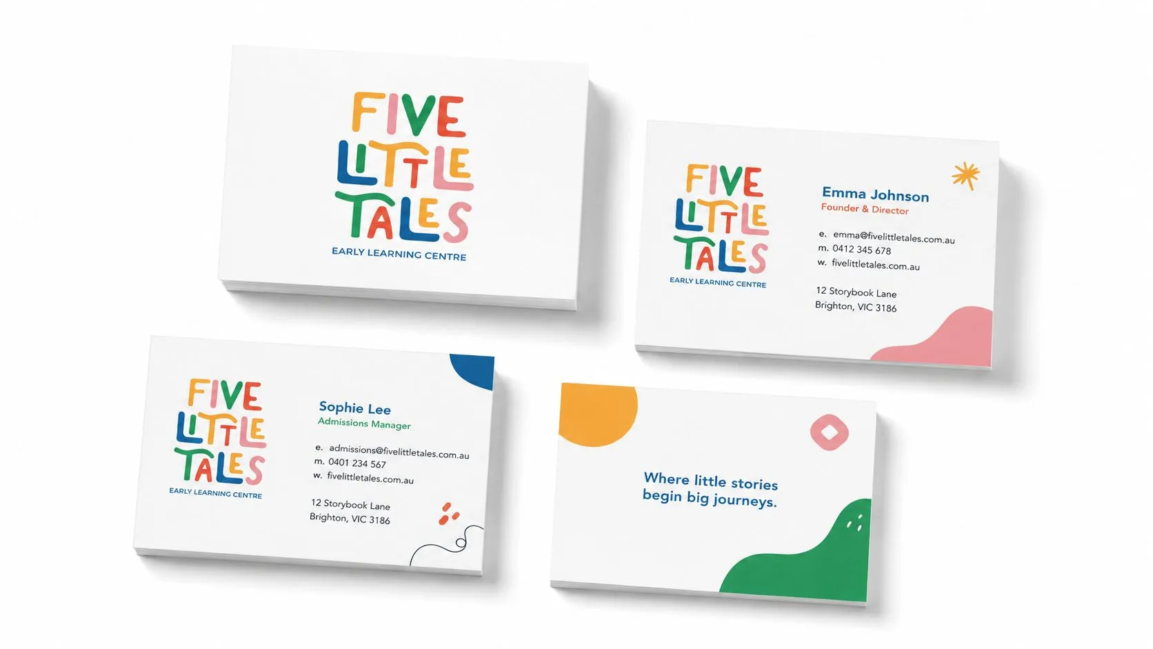 Business cards, Five Little Tales, early education branding by Blue Owl Design Studio, Hyderabad