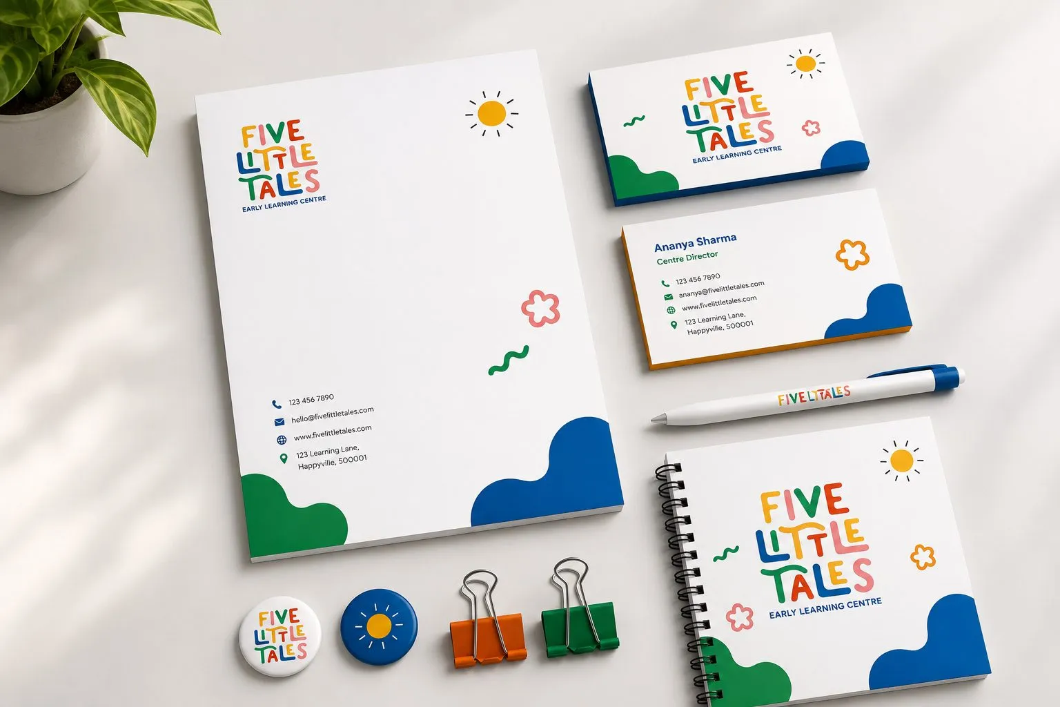 Stationery system, Five Little Tales, early education branding by Blue Owl Design Studio, Hyderabad