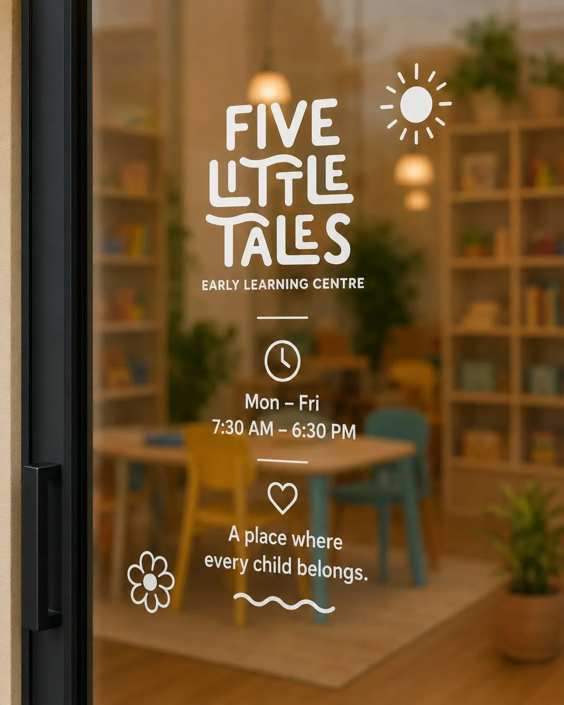 Window decal, Five Little Tales, early education branding by Blue Owl Design Studio, Hyderabad