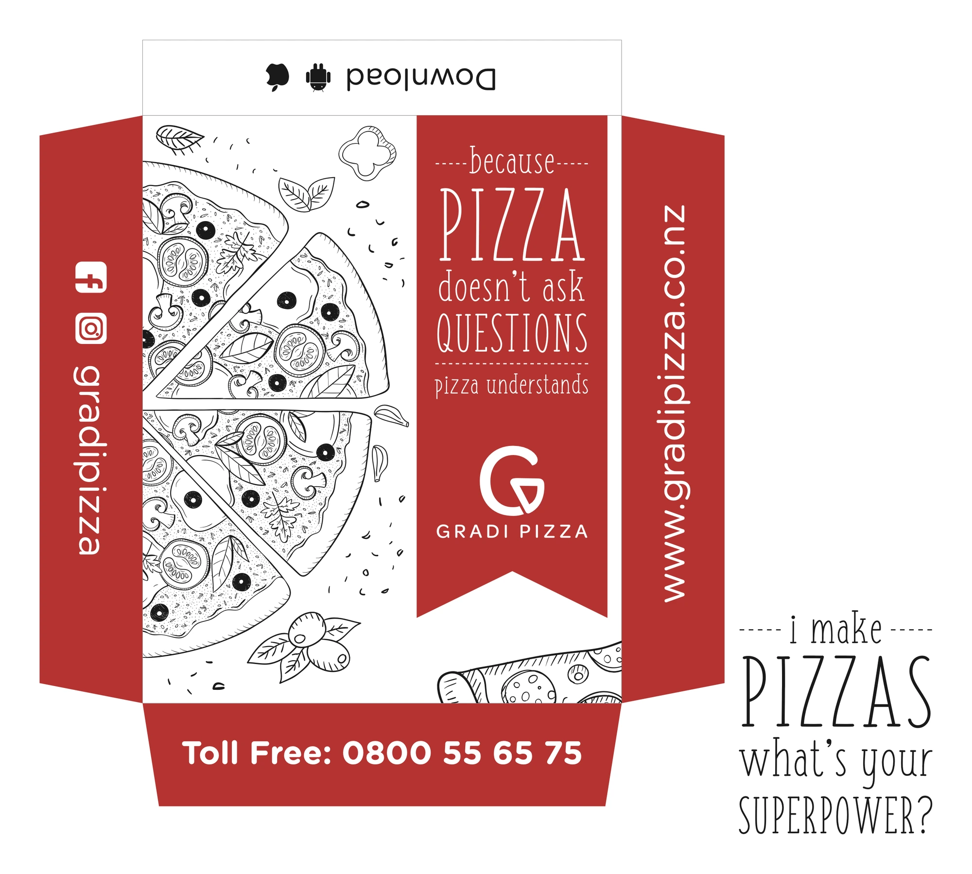 The box, laid flat, Gradi Pizza, pizzeria branding by Blue Owl Design Studio, Hyderabad
