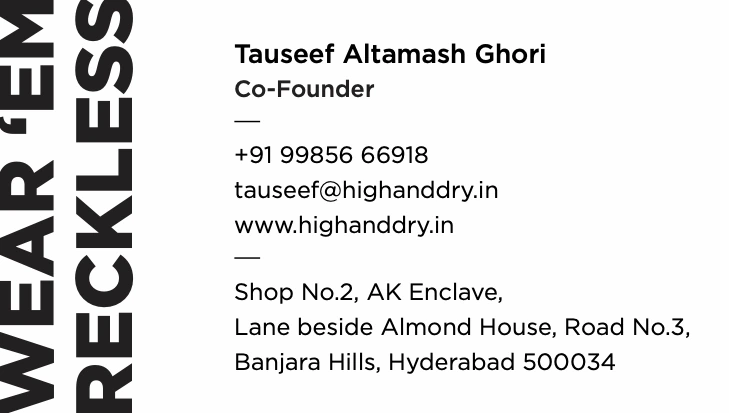Business card, 2 of 2, High & Dry, luxury aftercare branding by Blue Owl Design Studio, Hyderabad