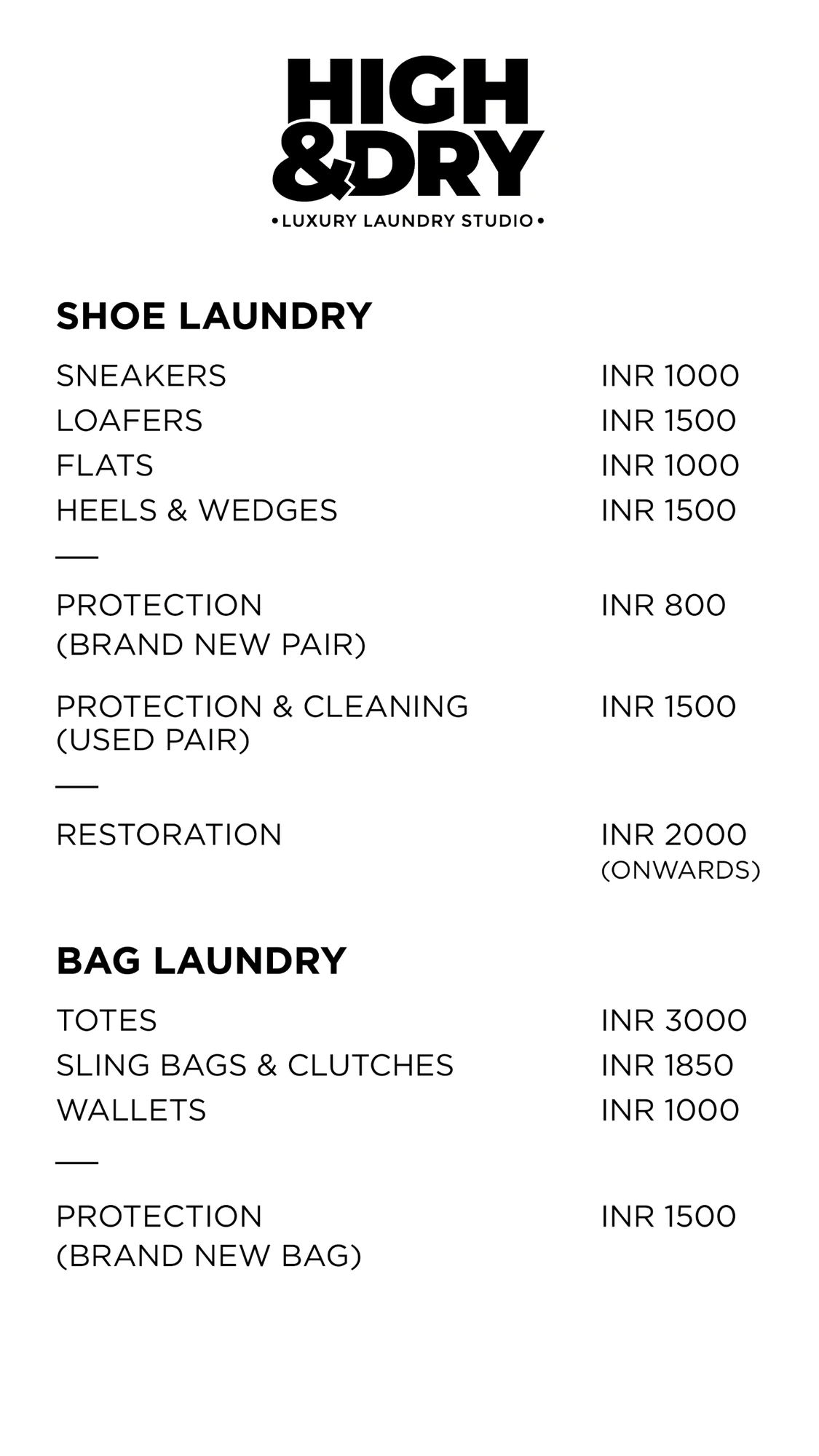 Price list (Instagram), High & Dry, luxury aftercare branding by Blue Owl Design Studio, Hyderabad