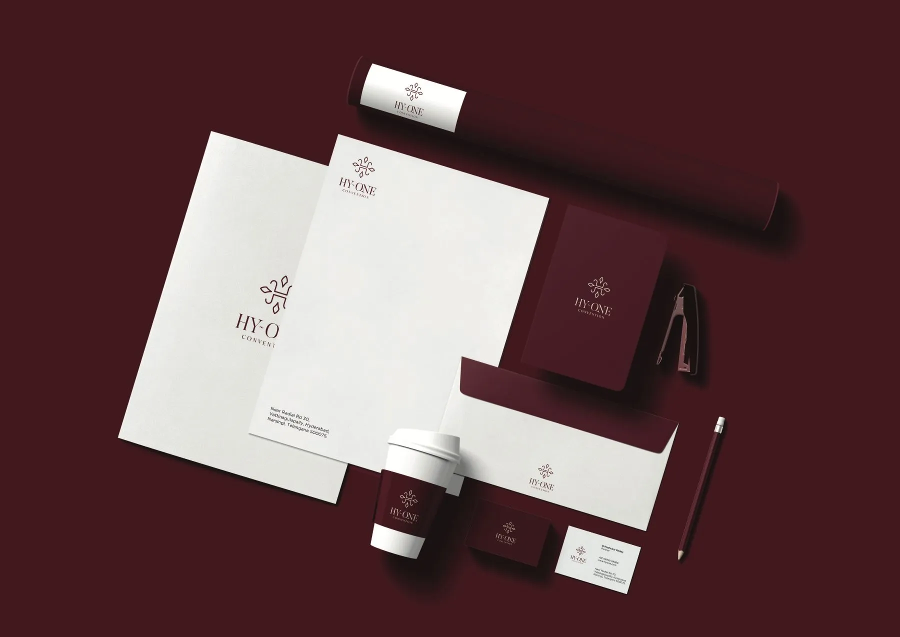 Brochure spread, Hy~One, hospitality & events branding by Blue Owl Design Studio, Hyderabad