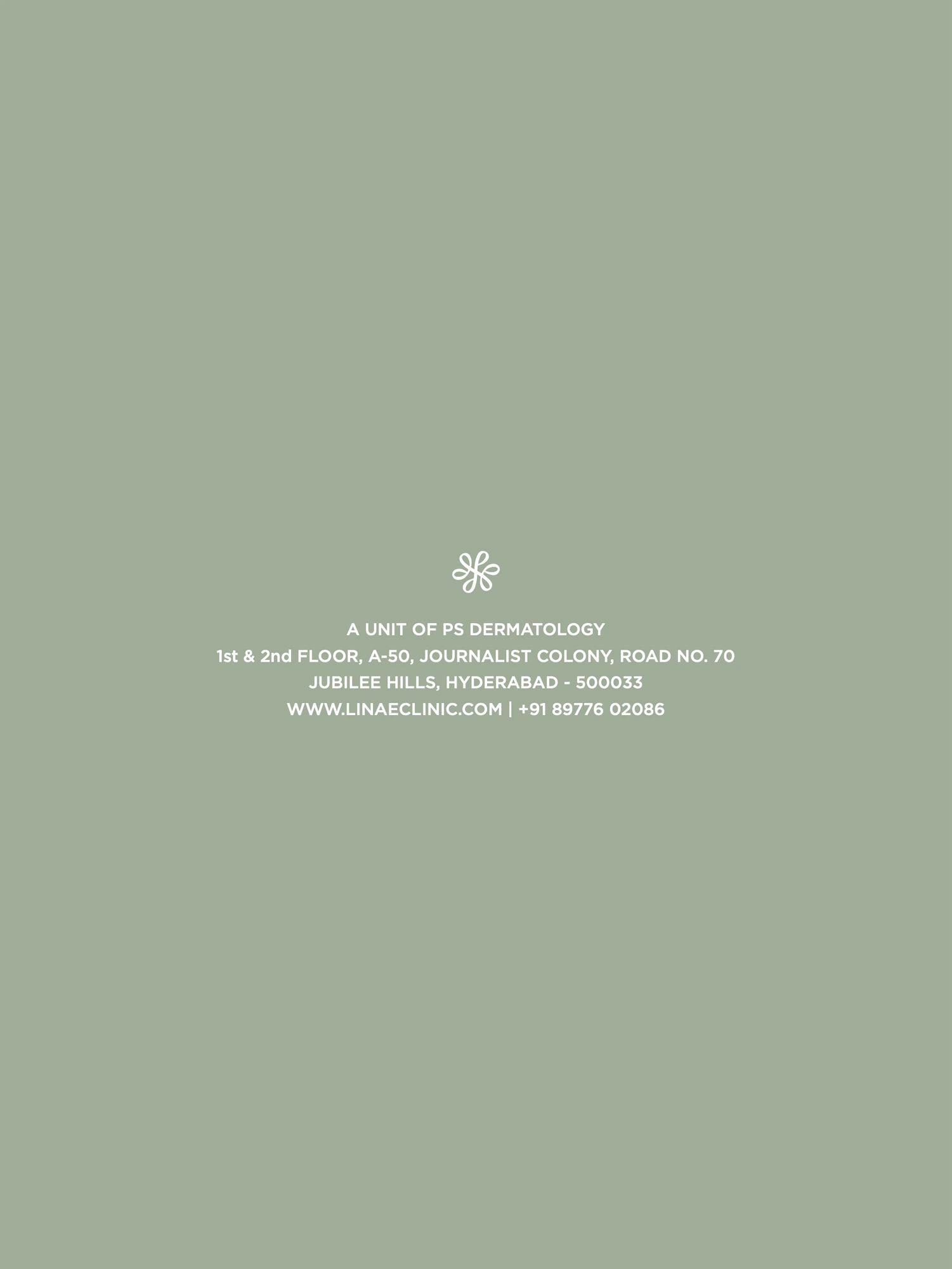 Back cover (Brochure), LINAÉ, healthcare & aesthetics branding by Blue Owl Design Studio, Hyderabad