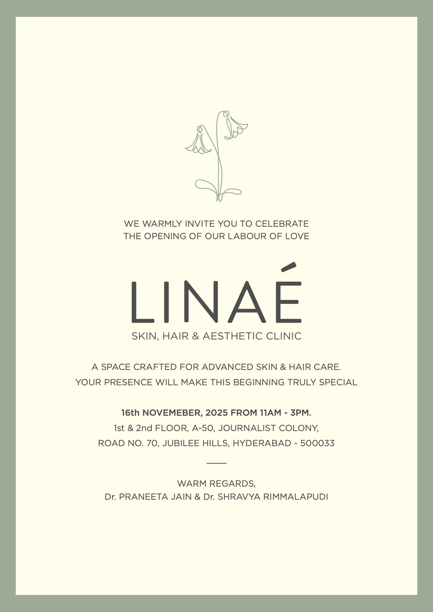 Invitation & the founder’s letter, 1 of 2, LINAÉ, healthcare & aesthetics branding by Blue Owl Design Studio, Hyderabad