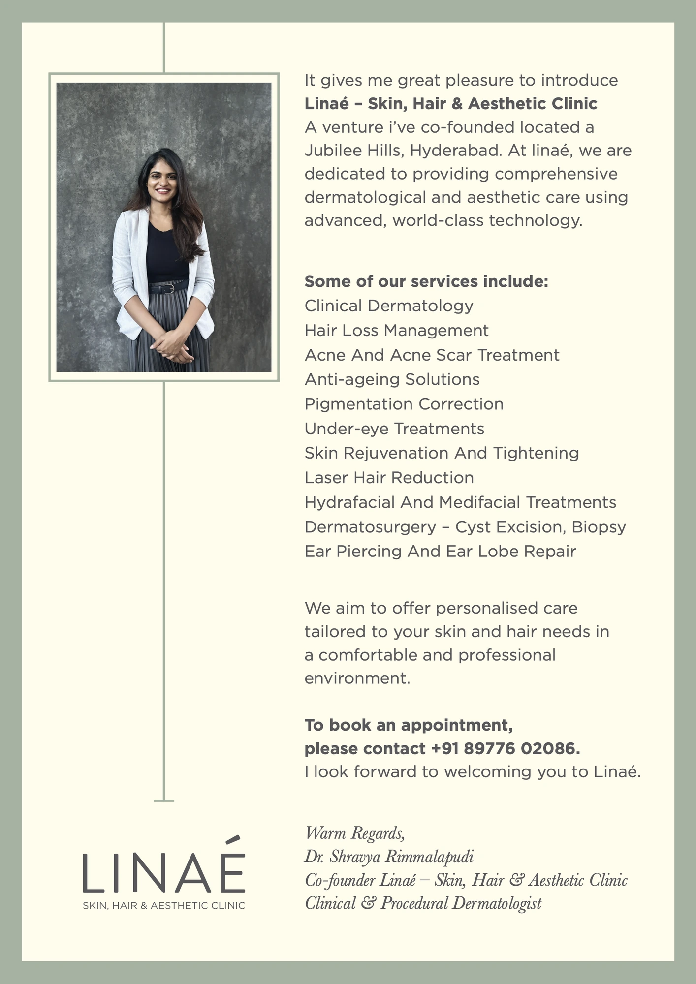 Invitation & the founder’s letter, 2 of 2, LINAÉ, healthcare & aesthetics branding by Blue Owl Design Studio, Hyderabad
