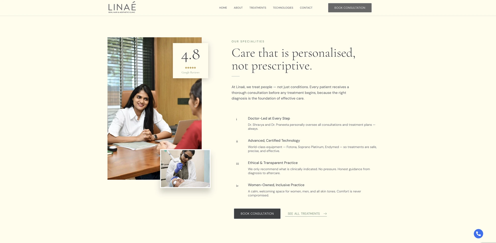 Personalised care (linaeclinic.com), LINAÉ, healthcare & aesthetics branding by Blue Owl Design Studio, Hyderabad