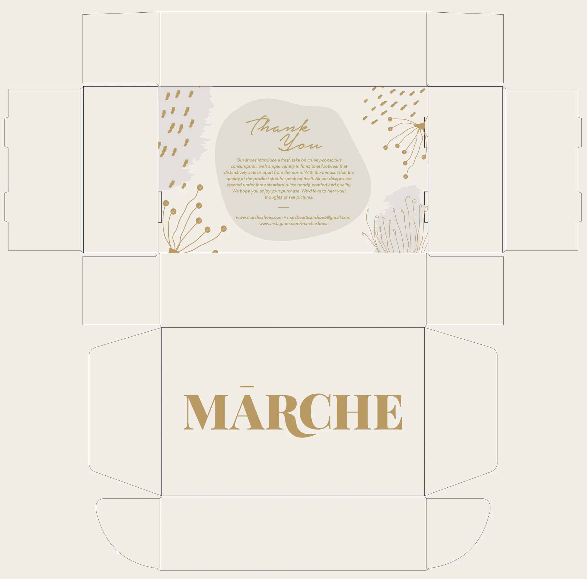 The Mārche mailer box, flat: the name on the lid, the thank-you inside.