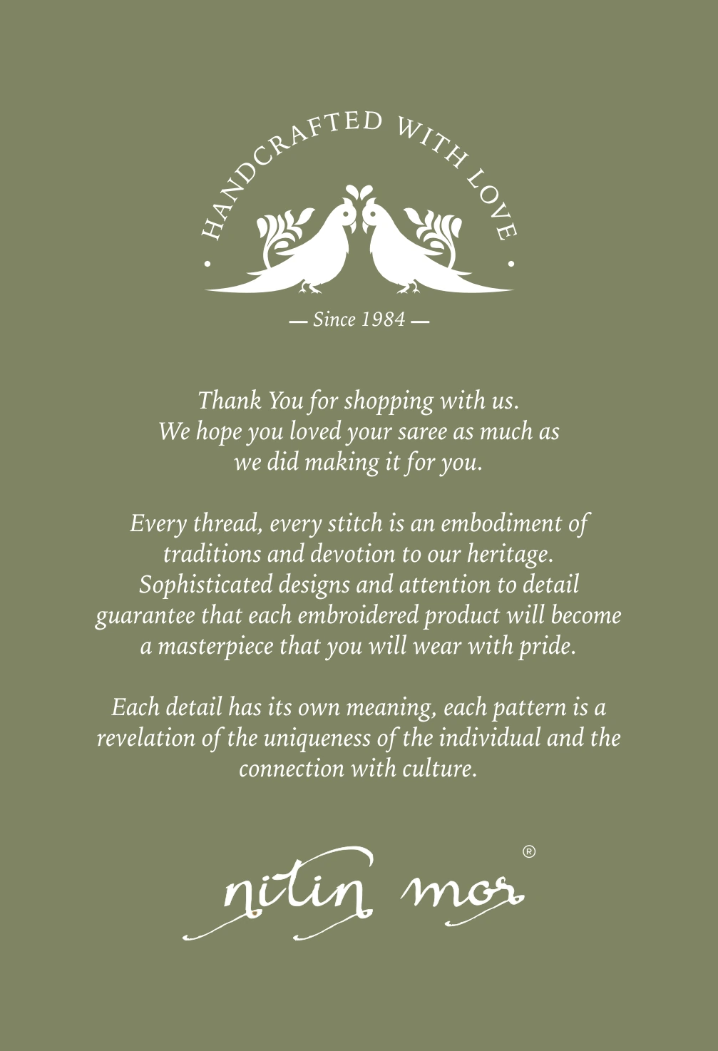 Hang tag & thank-you card, 2 of 2, Nitin Mor, fashion branding by Blue Owl Design Studio, Hyderabad